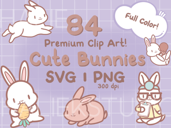 Unleash Cuteness: Cute Bunnies Color Clip Art PNGs SVGs